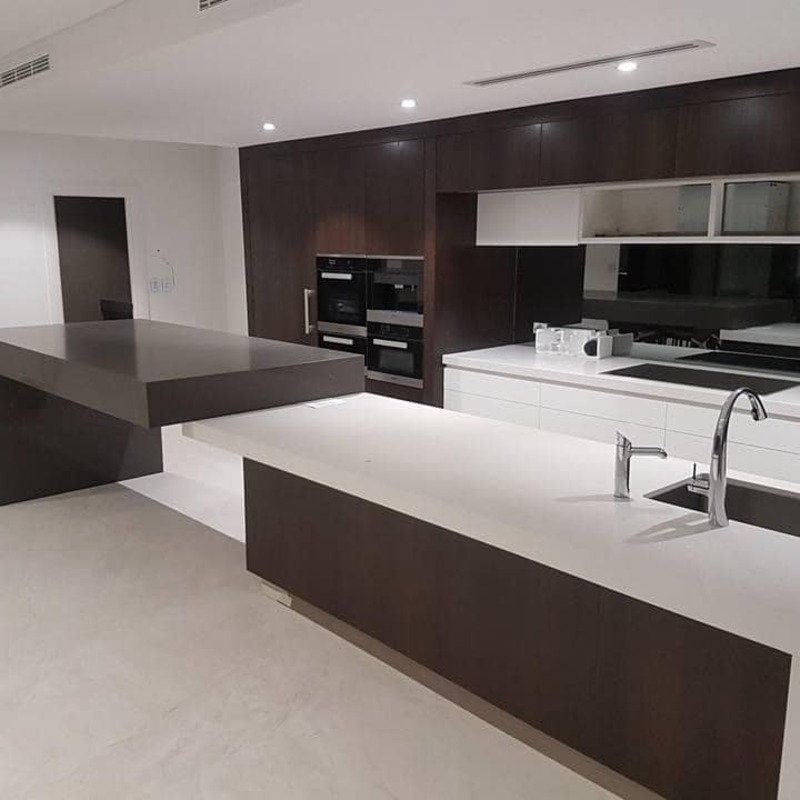 80MM ISLAND - FROSTY CRINA. 200MM DROP FASCIA DINING TABLE - PIETRA GREY